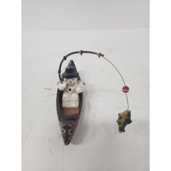 VINTAGE Christmas Tree Ornament Fishing Snowman In Metal Boat Fisherman Decor 6" - Picture 2 of 8